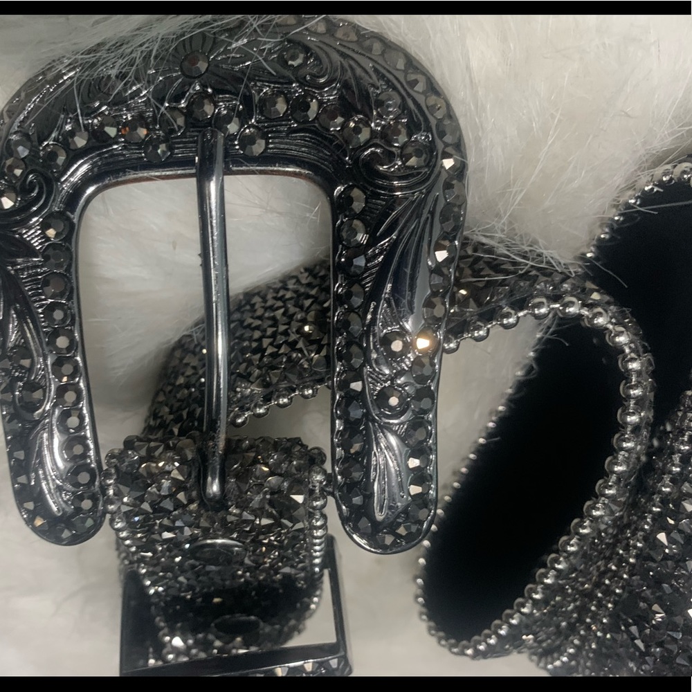 Black silver leather sparkle designer belt